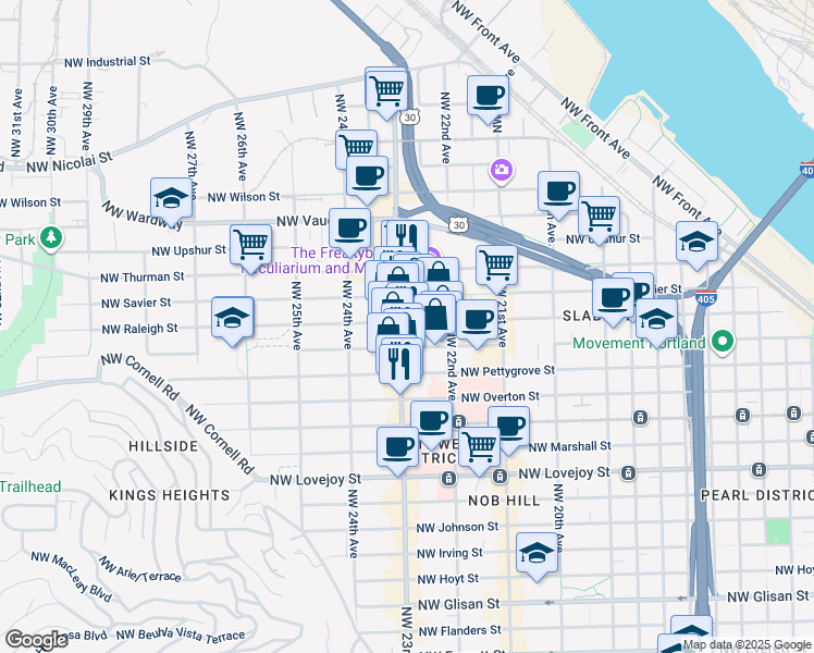 map of restaurants, bars, coffee shops, grocery stores, and more near 1536 Northwest 23rd Avenue in Portland