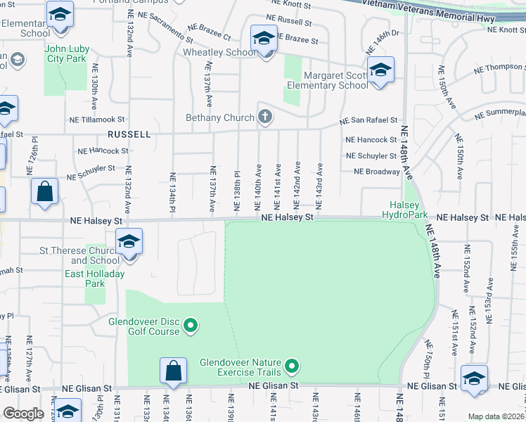 map of restaurants, bars, coffee shops, grocery stores, and more near 14005 Northeast Halsey Street in Portland