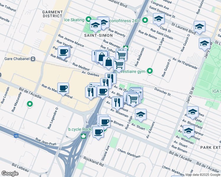 map of restaurants, bars, coffee shops, grocery stores, and more near 670 Boulevard Crémazie Ouest in Montréal