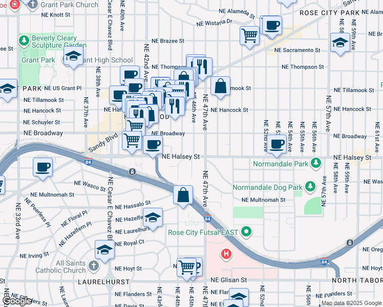 map of restaurants, bars, coffee shops, grocery stores, and more near 1505 Northeast 46th Avenue in Portland
