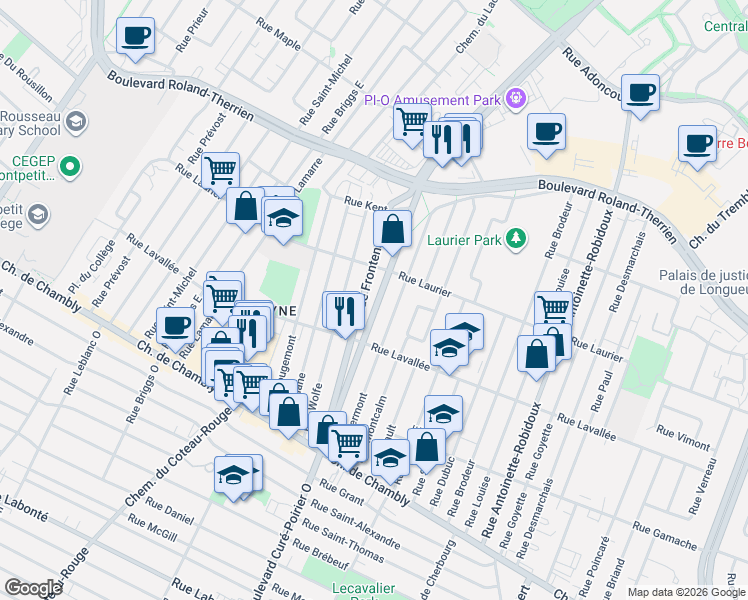 map of restaurants, bars, coffee shops, grocery stores, and more near 401 Boulevard Curé-Poirier Est in Longueuil