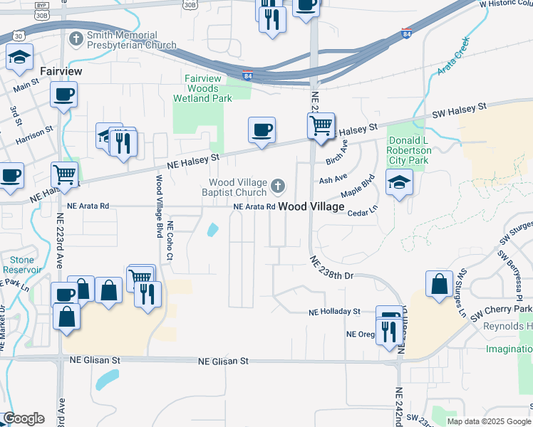 map of restaurants, bars, coffee shops, grocery stores, and more near 1571 Northeast 236th Avenue in Wood Village