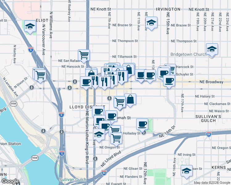 map of restaurants, bars, coffee shops, grocery stores, and more near 1517 Northeast 8th Avenue in Portland