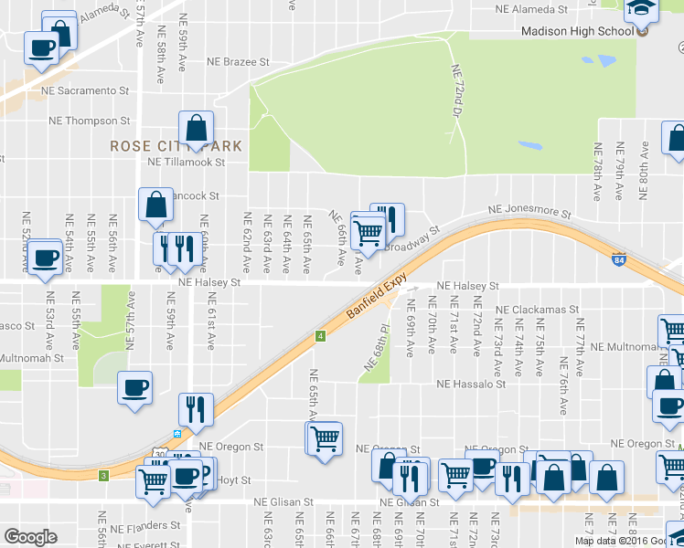 map of restaurants, bars, coffee shops, grocery stores, and more near 1566 Northeast 66th Avenue in Portland