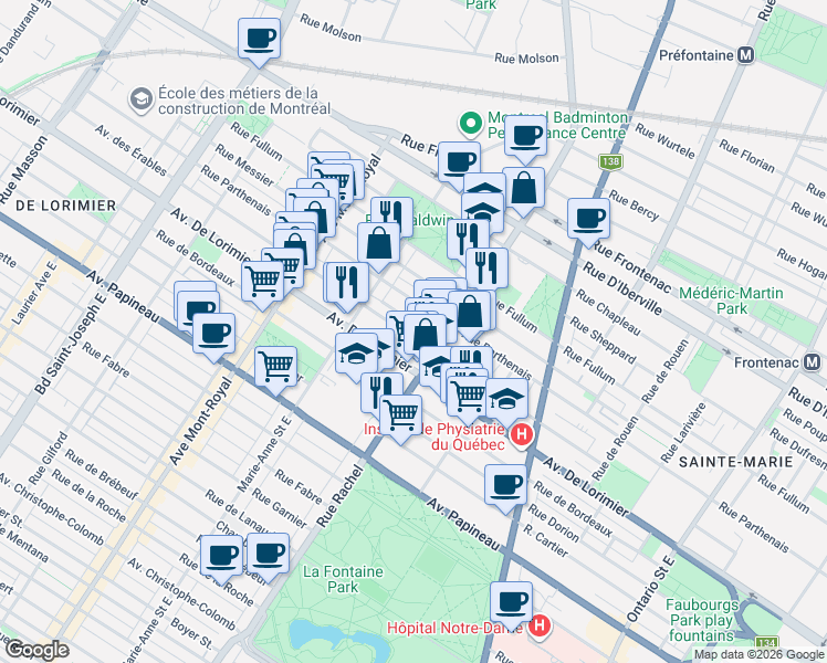 map of restaurants, bars, coffee shops, grocery stores, and more near 4247 Avenue des Érables in Montréal