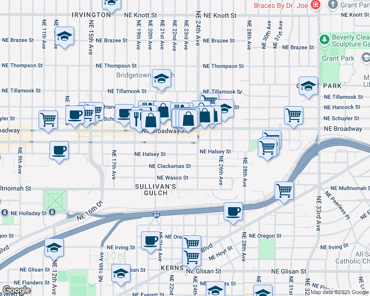map of restaurants, bars, coffee shops, grocery stores, and more near 1553 Northeast 22nd Avenue in Portland
