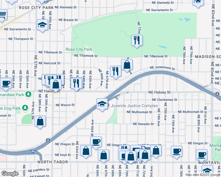 map of restaurants, bars, coffee shops, grocery stores, and more near 1512 Northeast 67th Avenue in Portland
