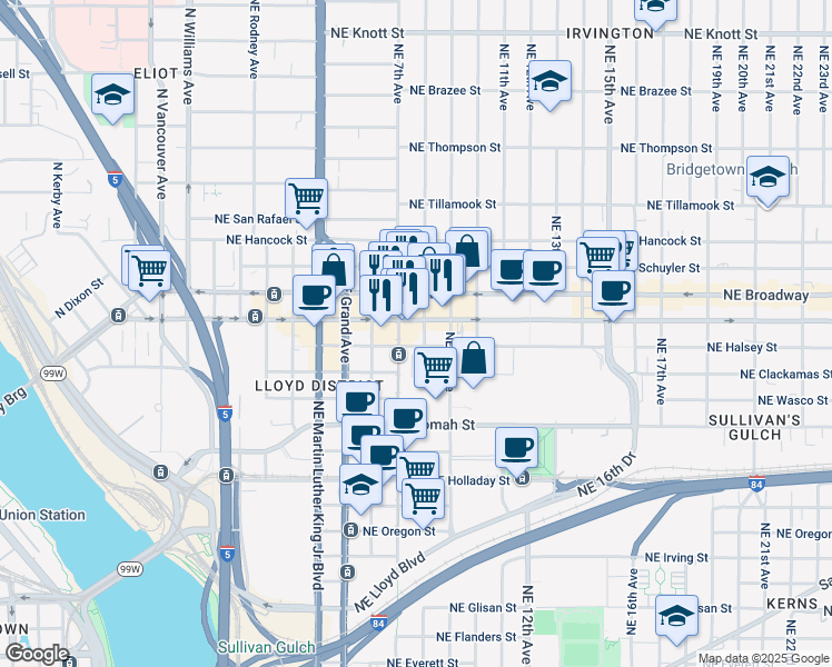 map of restaurants, bars, coffee shops, grocery stores, and more near 1517 Northeast 8th Avenue in Portland