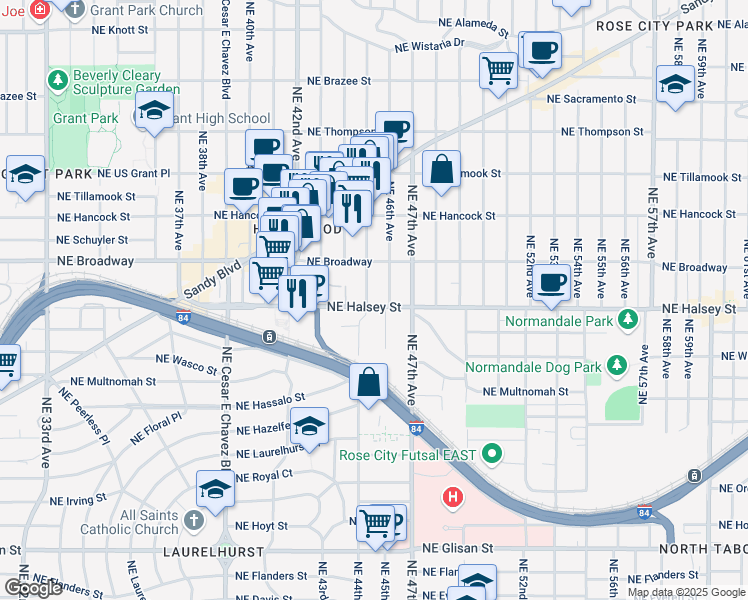 map of restaurants, bars, coffee shops, grocery stores, and more near 1505 Northeast 46th Avenue in Portland