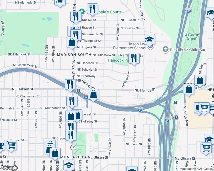 map of restaurants, bars, coffee shops, grocery stores, and more near 1528 Northeast 86th Avenue in Portland