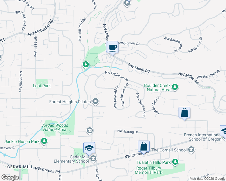 map of restaurants, bars, coffee shops, grocery stores, and more near 10355 Northwest Engleman Street in Portland