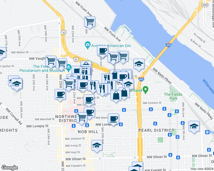 map of restaurants, bars, coffee shops, grocery stores, and more near 1958 Northwest Raleigh Street in Portland