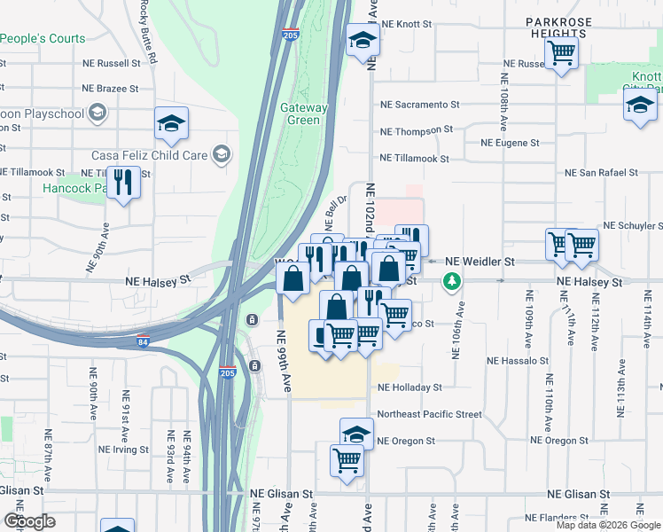 map of restaurants, bars, coffee shops, grocery stores, and more near 10016 Northeast Weidler Street in Portland