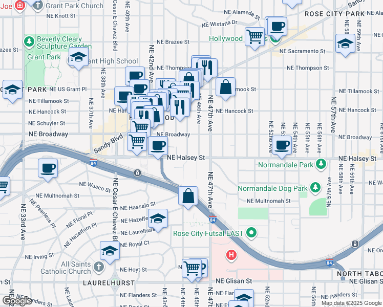 map of restaurants, bars, coffee shops, grocery stores, and more near 1505 Northeast 46th Avenue in Portland