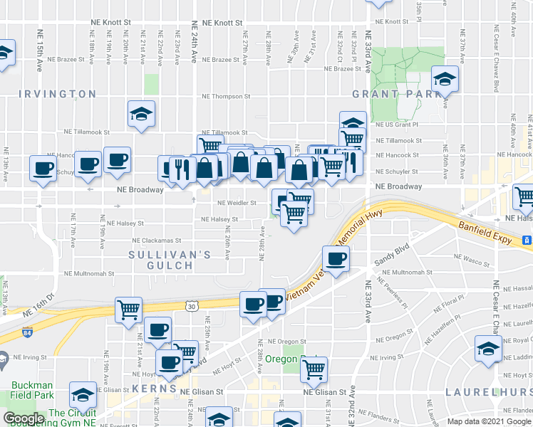 map of restaurants, bars, coffee shops, grocery stores, and more near 2789 Northeast Halsey Street in Portland