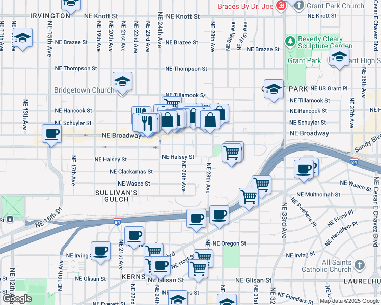 map of restaurants, bars, coffee shops, grocery stores, and more near 2619 Northeast Halsey Street in Portland