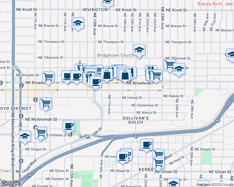 map of restaurants, bars, coffee shops, grocery stores, and more near 1804-1814 Northeast Weidler Street in Portland