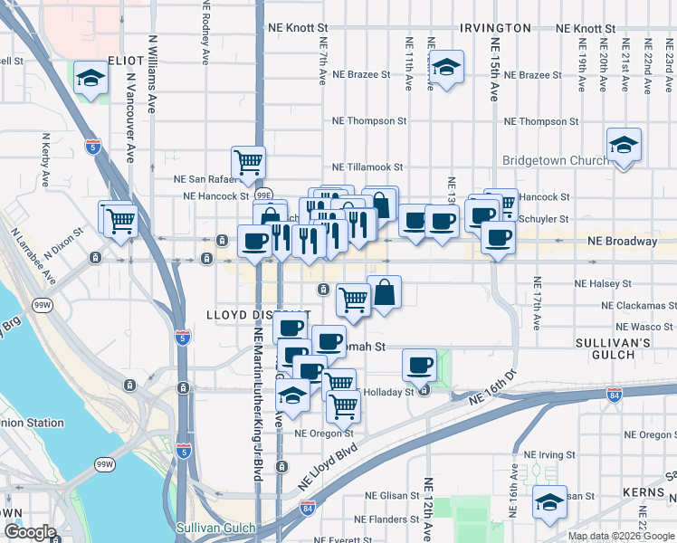 map of restaurants, bars, coffee shops, grocery stores, and more near in Portland