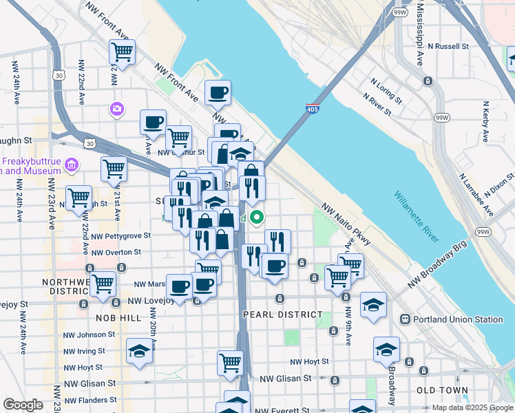 map of restaurants, bars, coffee shops, grocery stores, and more near 1450 Northwest Raleigh Street in Portland