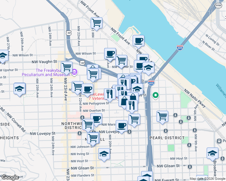 map of restaurants, bars, coffee shops, grocery stores, and more near 1978 Northwest Raleigh Street in Portland