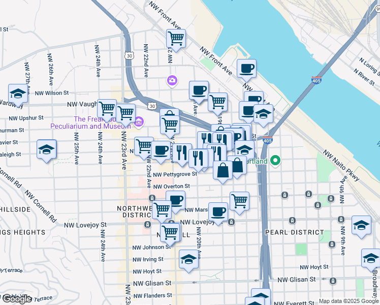 map of restaurants, bars, coffee shops, grocery stores, and more near 2030 Northwest Raleigh Street in Portland