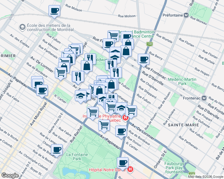map of restaurants, bars, coffee shops, grocery stores, and more near 4145 Rue Parthenais in Montréal