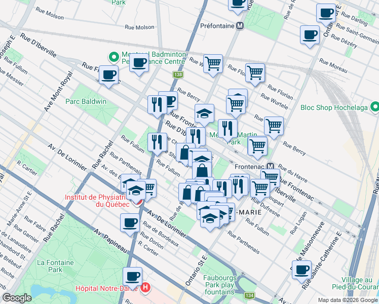 map of restaurants, bars, coffee shops, grocery stores, and more near 2374 Rue Chapleau in Montreal