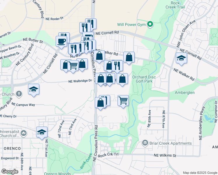 map of restaurants, bars, coffee shops, grocery stores, and more near 2038 Northeast Aloclek Drive in Hillsboro
