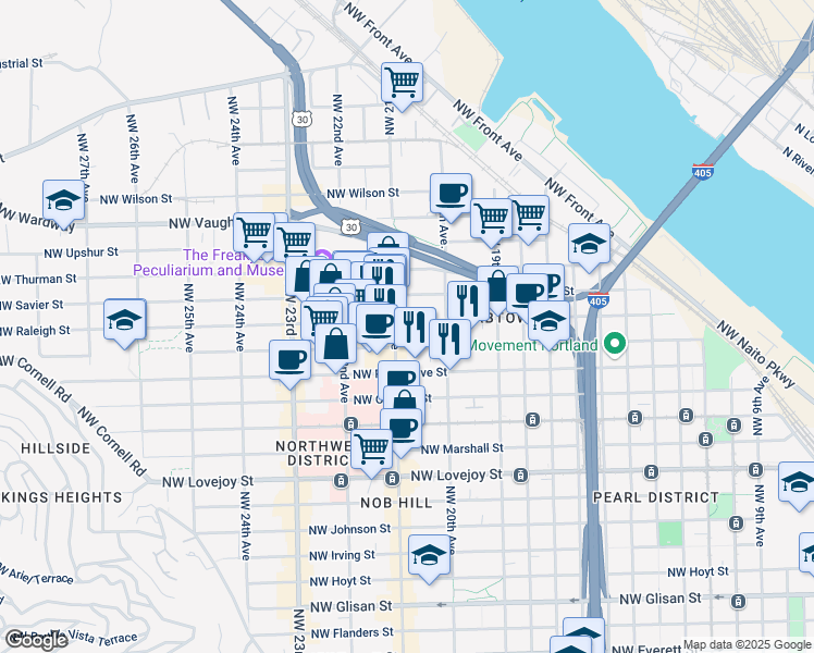 map of restaurants, bars, coffee shops, grocery stores, and more near 2050 Northwest Raleigh Street in Portland