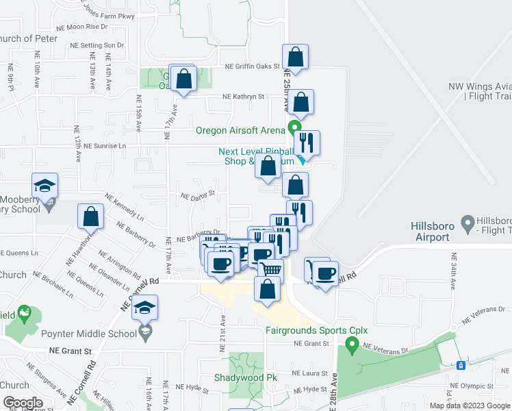 map of restaurants, bars, coffee shops, grocery stores, and more near 1298 Northeast 22nd Avenue in Hillsboro