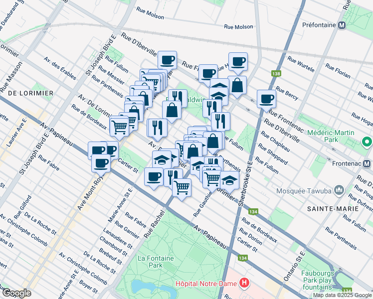 map of restaurants, bars, coffee shops, grocery stores, and more near 4249 Avenue des Érables in Montréal