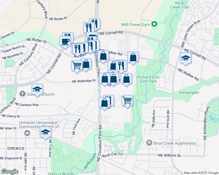 map of restaurants, bars, coffee shops, grocery stores, and more near 2038 Northeast Aloclek Drive in Hillsboro