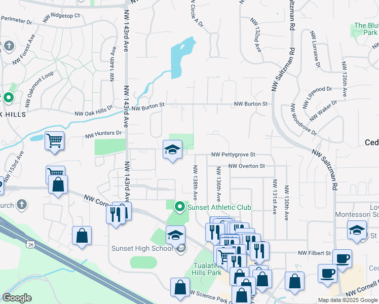 map of restaurants, bars, coffee shops, grocery stores, and more near 13855 Northwest Pettygrove Street in Portland