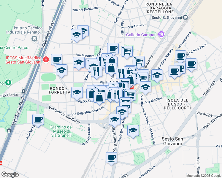 map of restaurants, bars, coffee shops, grocery stores, and more near 77 Via Risorgimento in Sesto San Giovanni