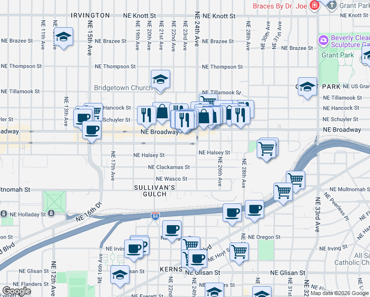 map of restaurants, bars, coffee shops, grocery stores, and more near 2226 Northeast Weidler Street in Portland