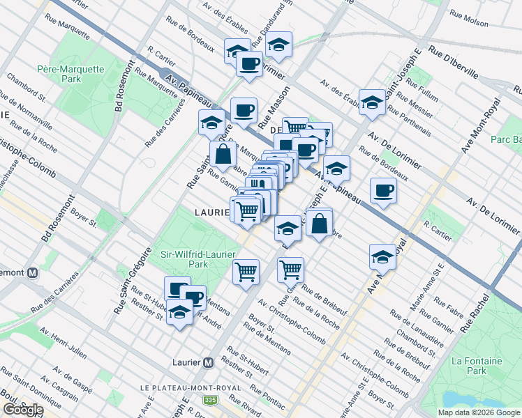 map of restaurants, bars, coffee shops, grocery stores, and more near 5104 Rue Garnier in Montréal