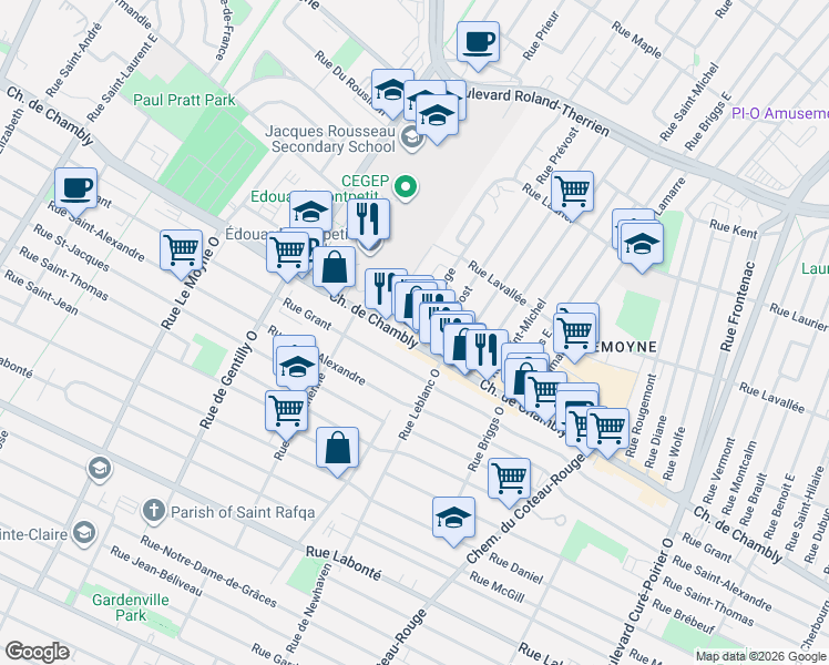 map of restaurants, bars, coffee shops, grocery stores, and more near 1079 Chemin de Chambly in Longueuil