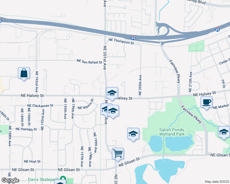 map of restaurants, bars, coffee shops, grocery stores, and more near 20143 Northeast Halsey Street in Fairview