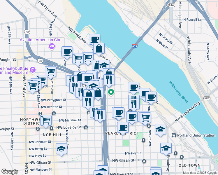map of restaurants, bars, coffee shops, grocery stores, and more near 1450 Northwest Raleigh Street in Portland