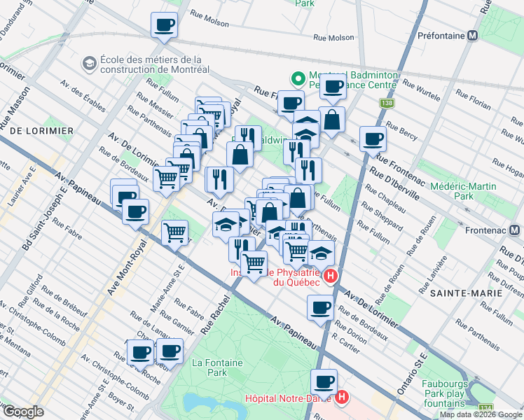 map of restaurants, bars, coffee shops, grocery stores, and more near 4247 Avenue des Érables in Montréal