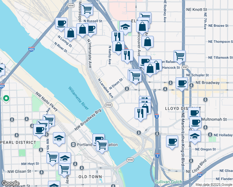 map of restaurants, bars, coffee shops, grocery stores, and more near in Portland