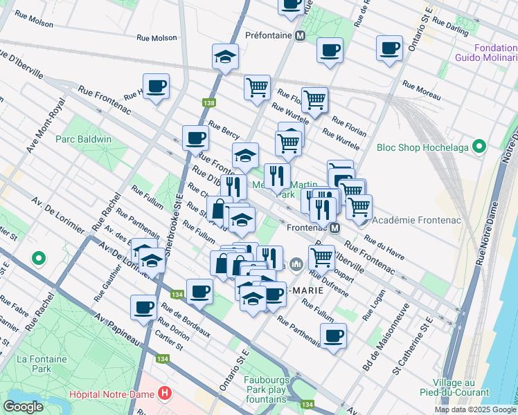 map of restaurants, bars, coffee shops, grocery stores, and more near 2253 Rue d'Iberville in Montréal
