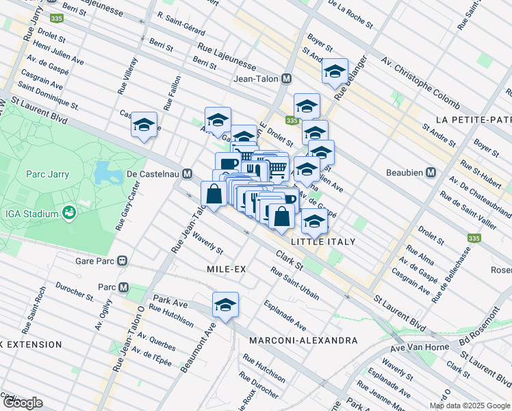 map of restaurants, bars, coffee shops, grocery stores, and more near 7055 Boulevard Saint-Laurent in Montréal