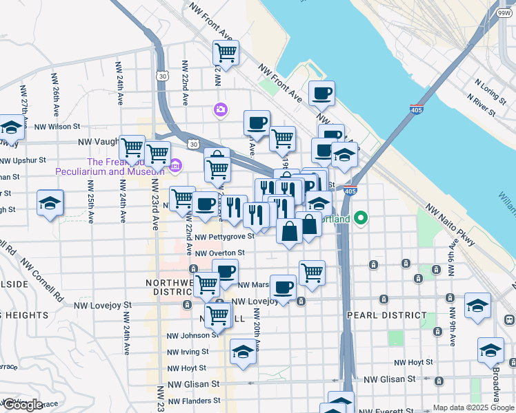map of restaurants, bars, coffee shops, grocery stores, and more near 1978 Northwest Raleigh Street in Portland