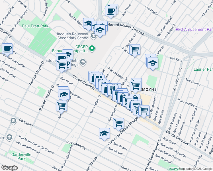 map of restaurants, bars, coffee shops, grocery stores, and more near 63 Rue Leblanc Est in Longueuil