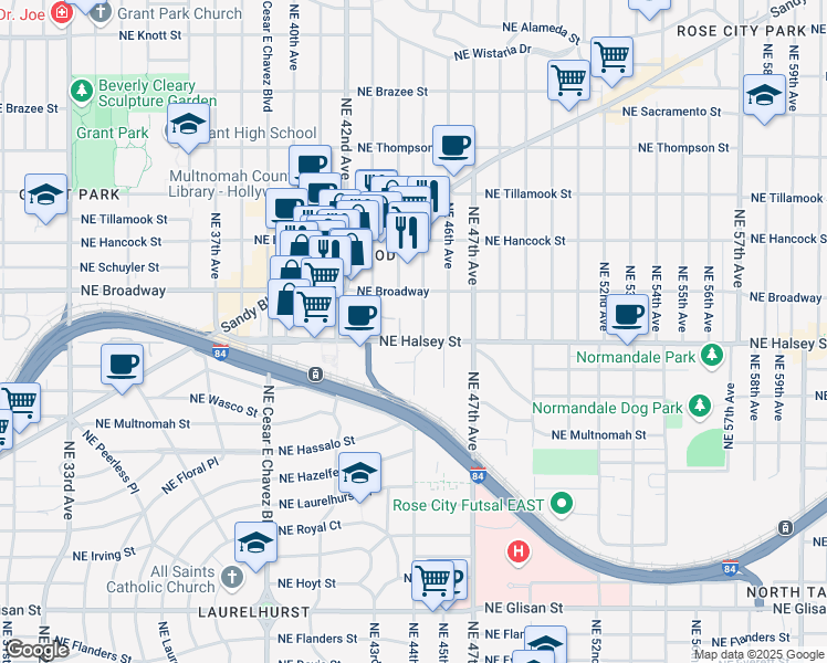 map of restaurants, bars, coffee shops, grocery stores, and more near 1511 Northeast 45th Avenue in Portland