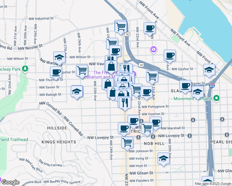 map of restaurants, bars, coffee shops, grocery stores, and more near 2356 Northwest Raleigh Street in Portland