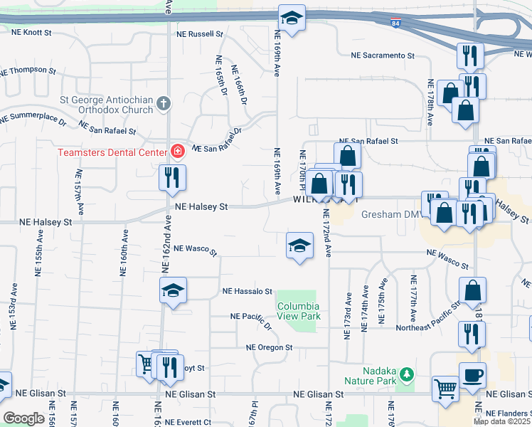 map of restaurants, bars, coffee shops, grocery stores, and more near 1535 Northeast 168th Place in Portland