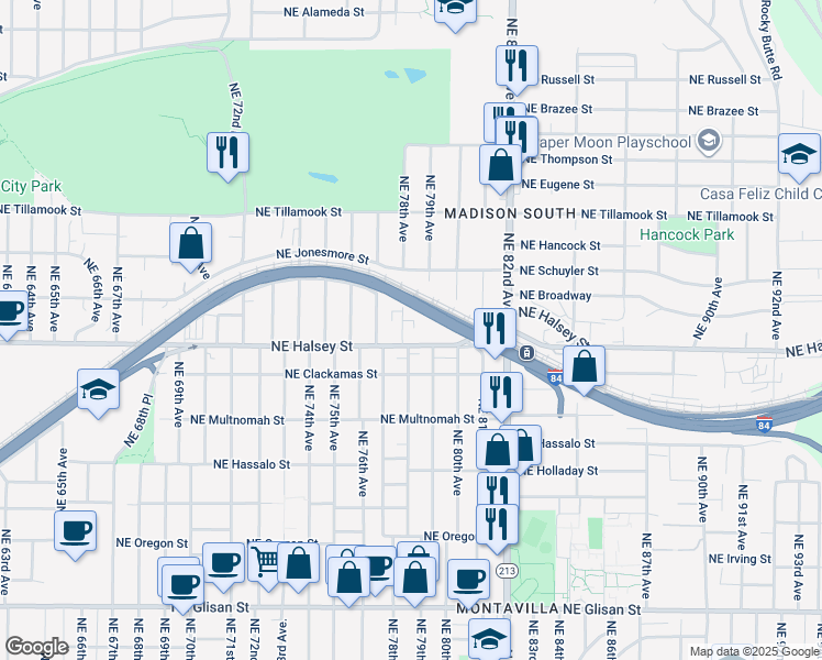 map of restaurants, bars, coffee shops, grocery stores, and more near 7805 Northeast Halsey Street in Portland