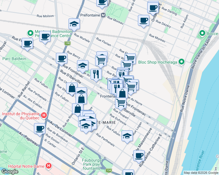 map of restaurants, bars, coffee shops, grocery stores, and more near 2094 Rue du Havre in Montréal